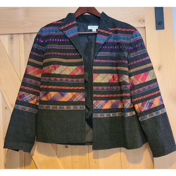 Coldwater Creek Size 12 Petite Denim Blazer Geometric Southwestern Sequin - Picture 1 of 13